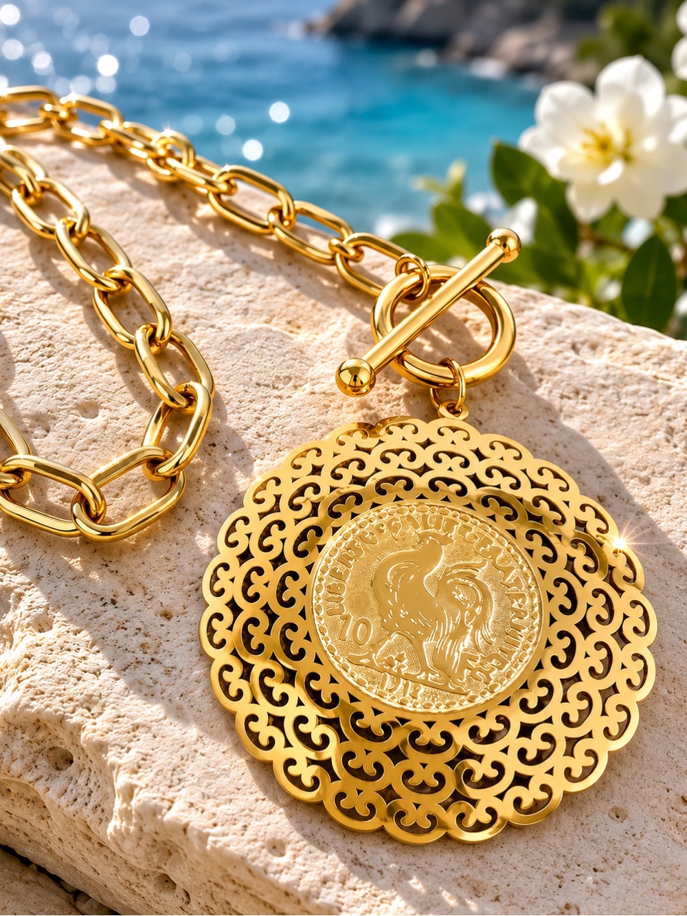 Gold tone Rooster carved Medallion Necklace - Picture 4 of 6